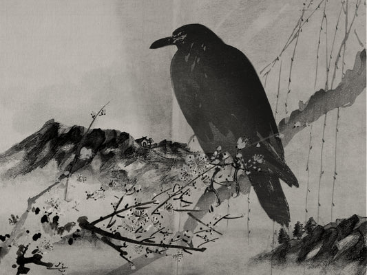 A raven sitting on a cherry blossom branch with mountains in the background. 